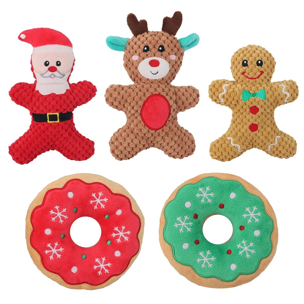 

Plush Pet Christmas Dog Toys for Small Large Dogs Chewing Toy Santa Elk Gingerbread Man Donut Plush Squeaky Chew Tooth Toys