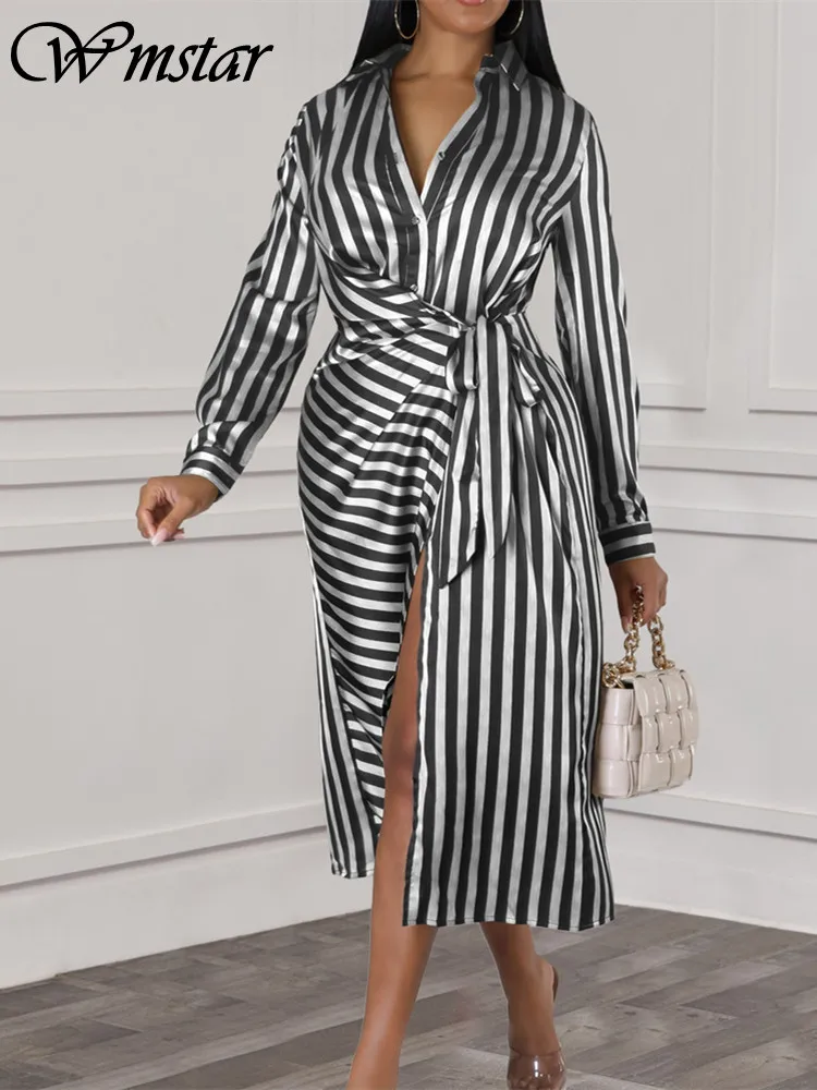 

Wmstar Dresses Women's Clothing Striped Sexy Maxi Party Turn Down Long Bandage Dress New in Summer Wholesale Dropshipping 2024
