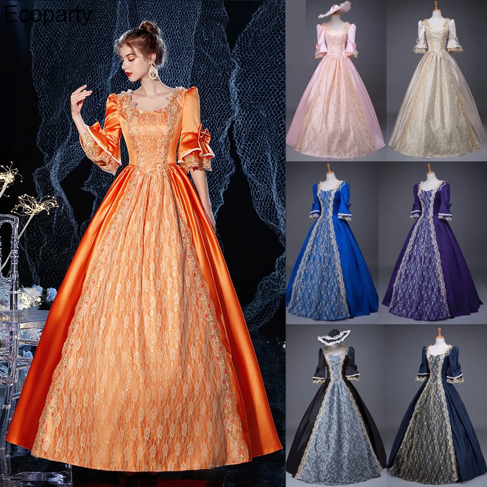 

Women European Medieval Victorian Noble Princess Cosplay Dress Elegant Lace Patchwork Half Sleeve Maxi Dresses Carnival Costume