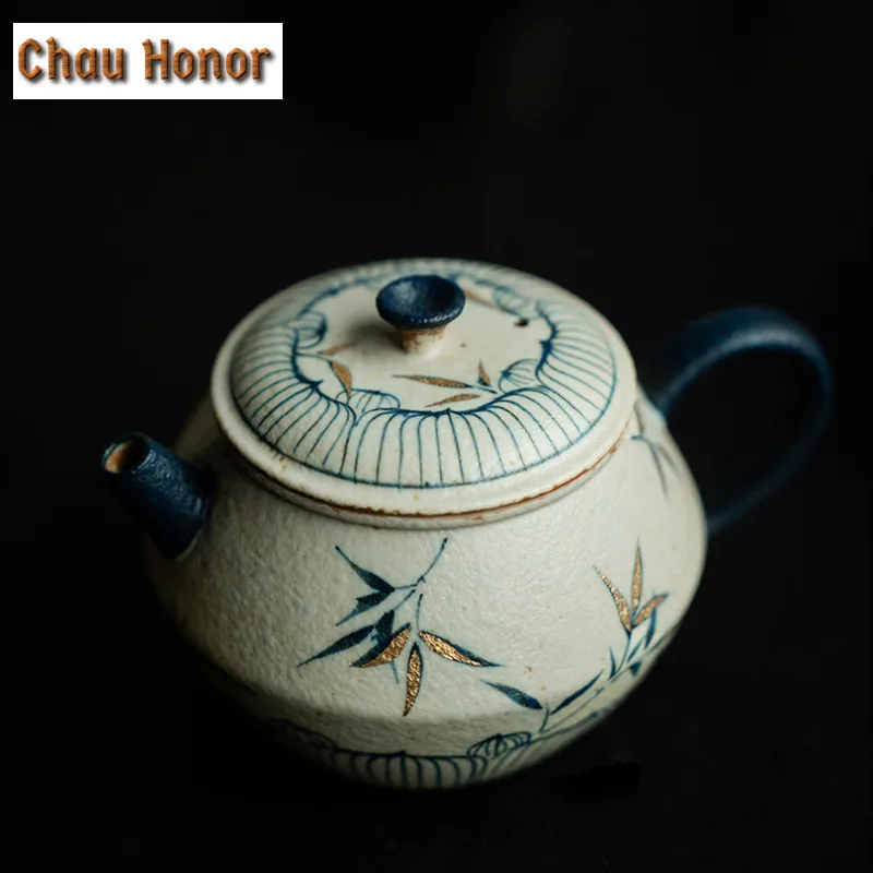 Blue And White Flint Red Teapot Aesthetic Gold Drawing Bamboo Tea Infuser Pot Gaiwan Tea Making Kettle With Filter Tea Ceremony