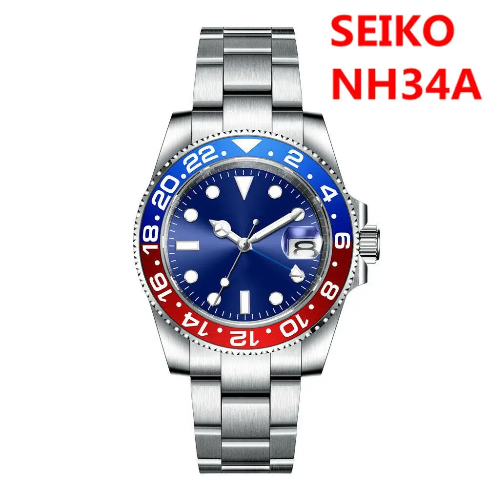 

Роскошные мужские часы GMT NH34 автоматические механические наручные часы 40 мм синий циферблат стальной ремешок сапфировые часы 100 м водонепроницаемые