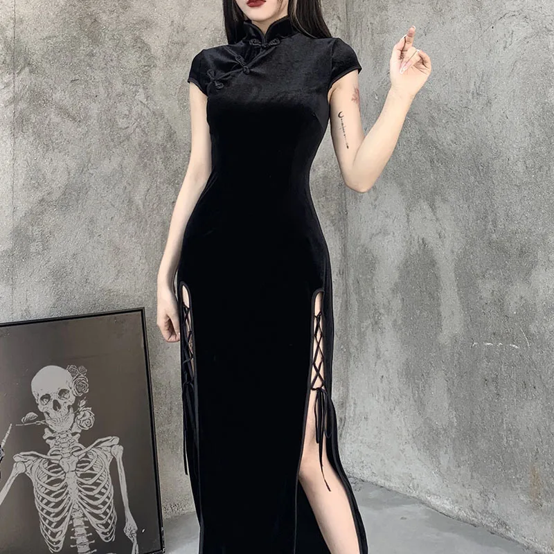 

Romantic Gothic Velvet Aesthetic Dresses Vintage Women Black Bandage SlitHem Bodycon Dress Sexy Evening Wear Cheongsam