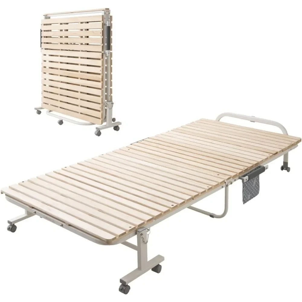 Wooden Slatted Folding Bed Frame Twin, Foldable Rollaway Sturdy Paulownia Japanese Futon Mattress Tatami Natural