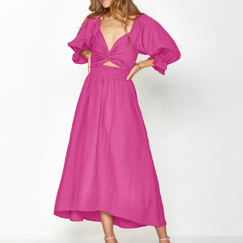 

Front And Rear Reversible Off Shoulder Dress Pink Midi For Women Summer Casual Three Quarter Hollow Out Long Y2k Elegant Clothes