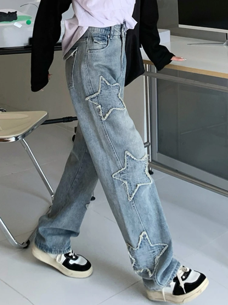

Star Embroidery Fashion Jeans for Women Loose Casual Vintage High Waist Spring Autumn 2023 Denim Pants Korean Chic Y2K Trousers