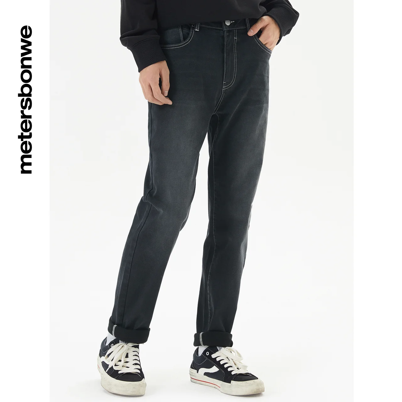 Metersbonwe Fleece Jeans Men Autumn Winter Casual Pants Loose Straight Leg C Male Black Trousers Brand