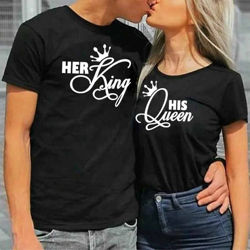 

Her King or His Queen Printed Couple T-Shirt Summer Crown Print Tshirt Fashion Women Men T-shirt Casual O-Neck Tops Lovers Tee