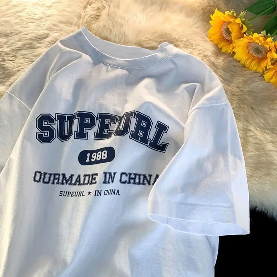 

pure cotton trendy brand letter printed short-sleeved T-shirt for men women trendy brand half-sleeved loose versatile T-shirt