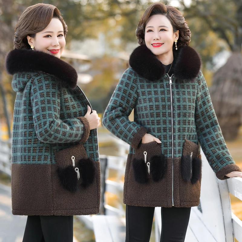 

Hooded Fur Collar Coat Women Winter New Fashion Imitate Mink Inside Velvet Coat Female Large Size Mid Long Woolen Coat Outerwear