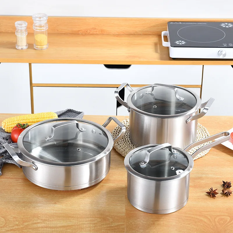 3pcs 430 Stainless Steel Pot Set Thickened Right Angle Soup Pot Milk Pot Fry Pot Household Right-Angle Steamer Kitchen Utensils