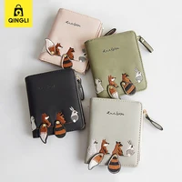 New Embroidered Animal Design Wallet for Women Vogue Cartoon Raccoon Fox Tail Leather Wallets Zip Coin Pocket Student Fold Purse 1