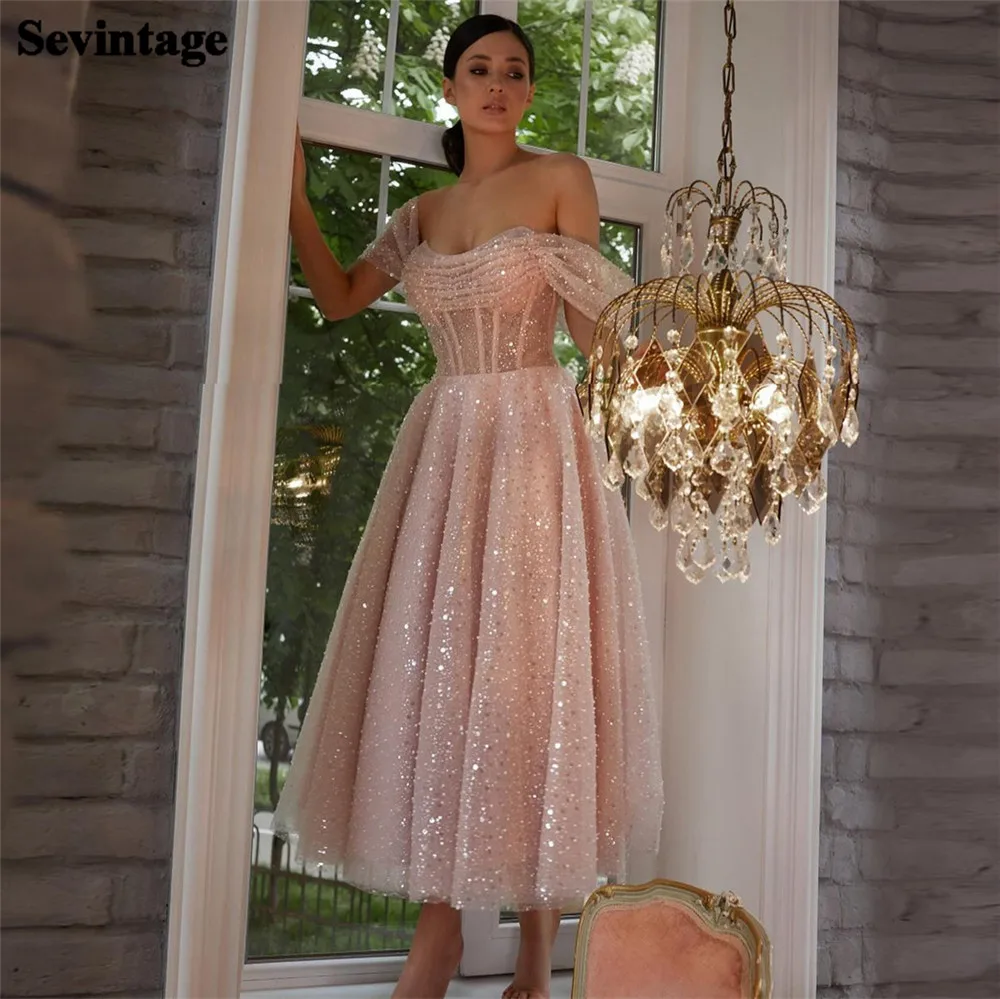 

Sevintage Hearty Glitter Sequin Baby Pink Prom Dress Sweetheart Off Shoulder Ruched Ankle Length Evening Dress robe de soirée