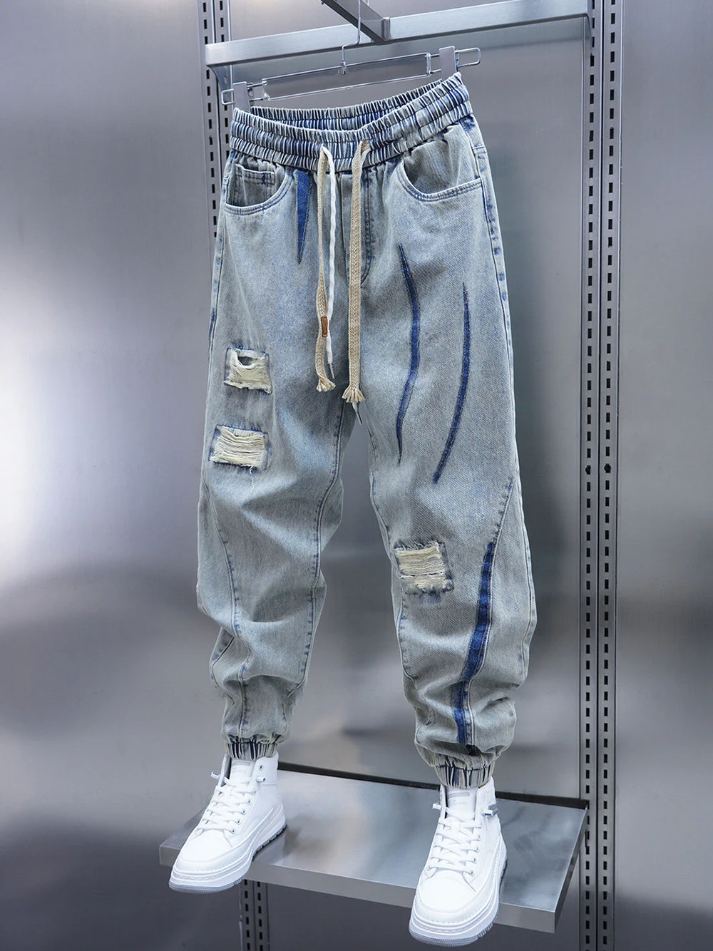 Fashionable Street Jeans Ripped Harem Pants Brand Men's Striped Embellished Pencil Trousers 2