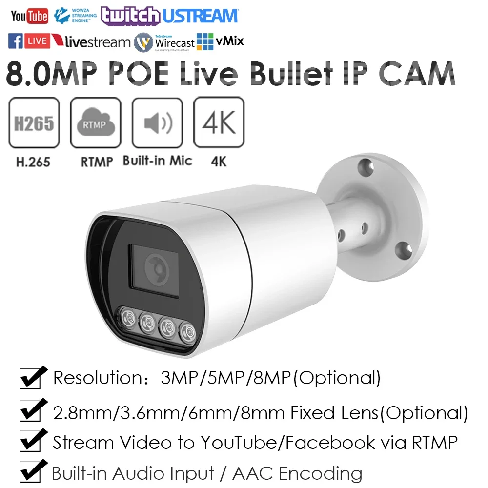 4K 8MP 5MP POE IP Camera RTMP CCTV Full Color IR Live Streaming for Home Security Push Video To Youtube/Facebook Onvif Outdoor