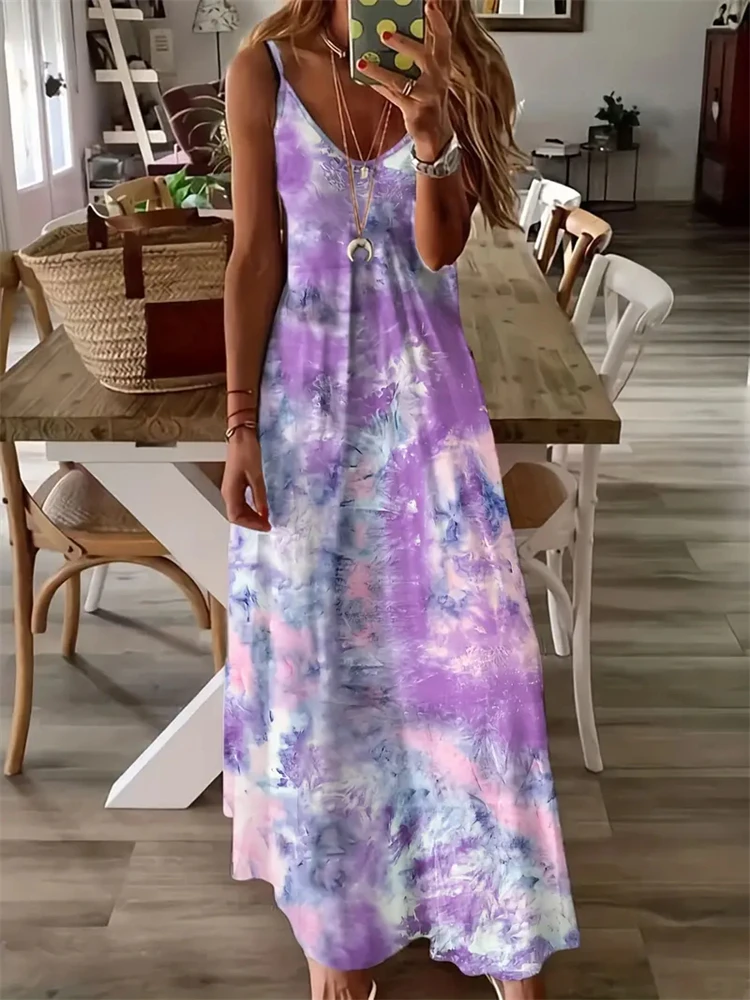 thumbnail image 1 of Nuevos vestidos de verano sin mangas con cuello halter para mujer, vestidos sexis con tirantes finos y estampado tie-dye, vestidos largos para vacaciones en la playa en Hawái 2024., 1 of 5