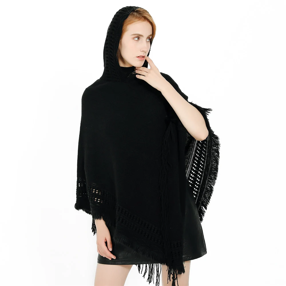 Women Spring Autumn Poncho Shawl Lady Knitted Hollowed Designs Hoodies Wrap Solid Color Pullover Sweater with Tassels Drop Ship women cashmere feeling shawl lady classic striped cape spring autumn retro cardigan winter cloak with tassels soft large blanket