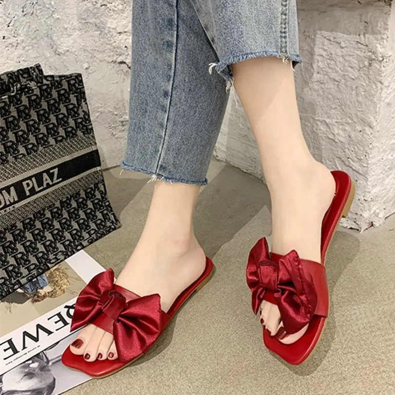 

Fashion Bow Sweet Solid Women Slides Outside Flat Shoes Non-slip Summer Beach Shoes Low (1cm-3cm) Casual Womans Sandals Slippers