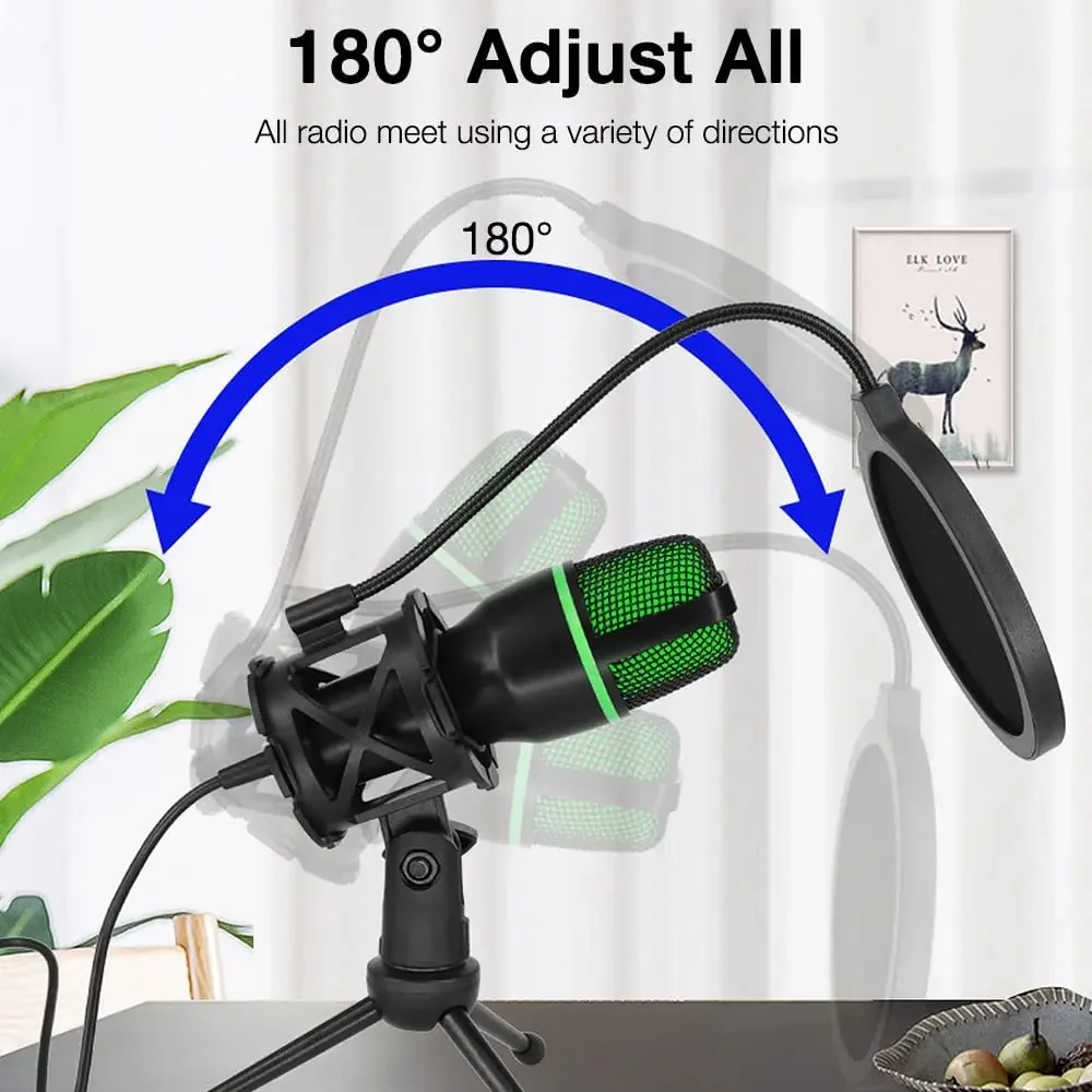 콘덴서 마이크 USB 유선 PC 노트북 컴퓨터용 전문 게임 액세서리 키트 게이머 사운드 라이브 스트리밍 팟캐스트 RGB