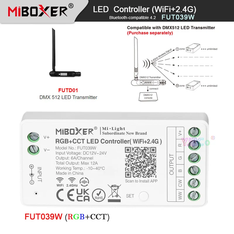 Miboxer 12V 24V 12A Tuya 2.4G WiFi RGB+CCT LED Light Controller DMX Dimmer Bluetooth-compatible 4.2 with DMX 512 LED Transmitter c28 bluetooth transmitter