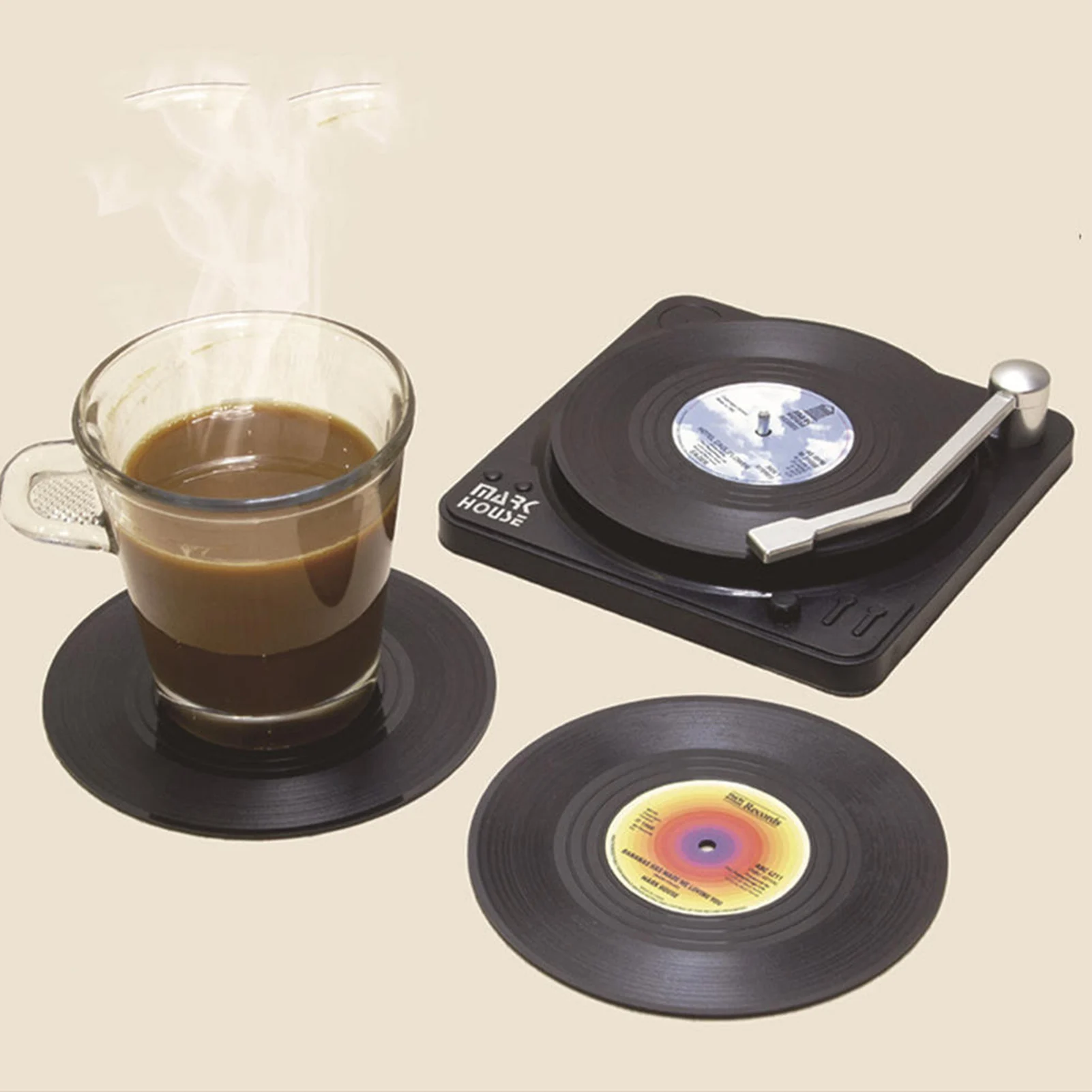 Vintage Mug Coaster Creative Set of 6 Vinyl Coasters for Drinks Music Coaster with Player Holder Record Disk Coaster Mug Pad Mat