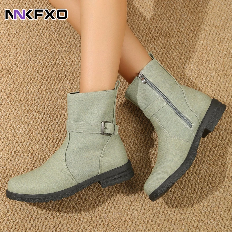 

2023 Women's Ankel Boots Female Autumn Winter Short Boots Microfiber Fabric Boots Round Toe Flat Boots Side Zipper Boots QB438