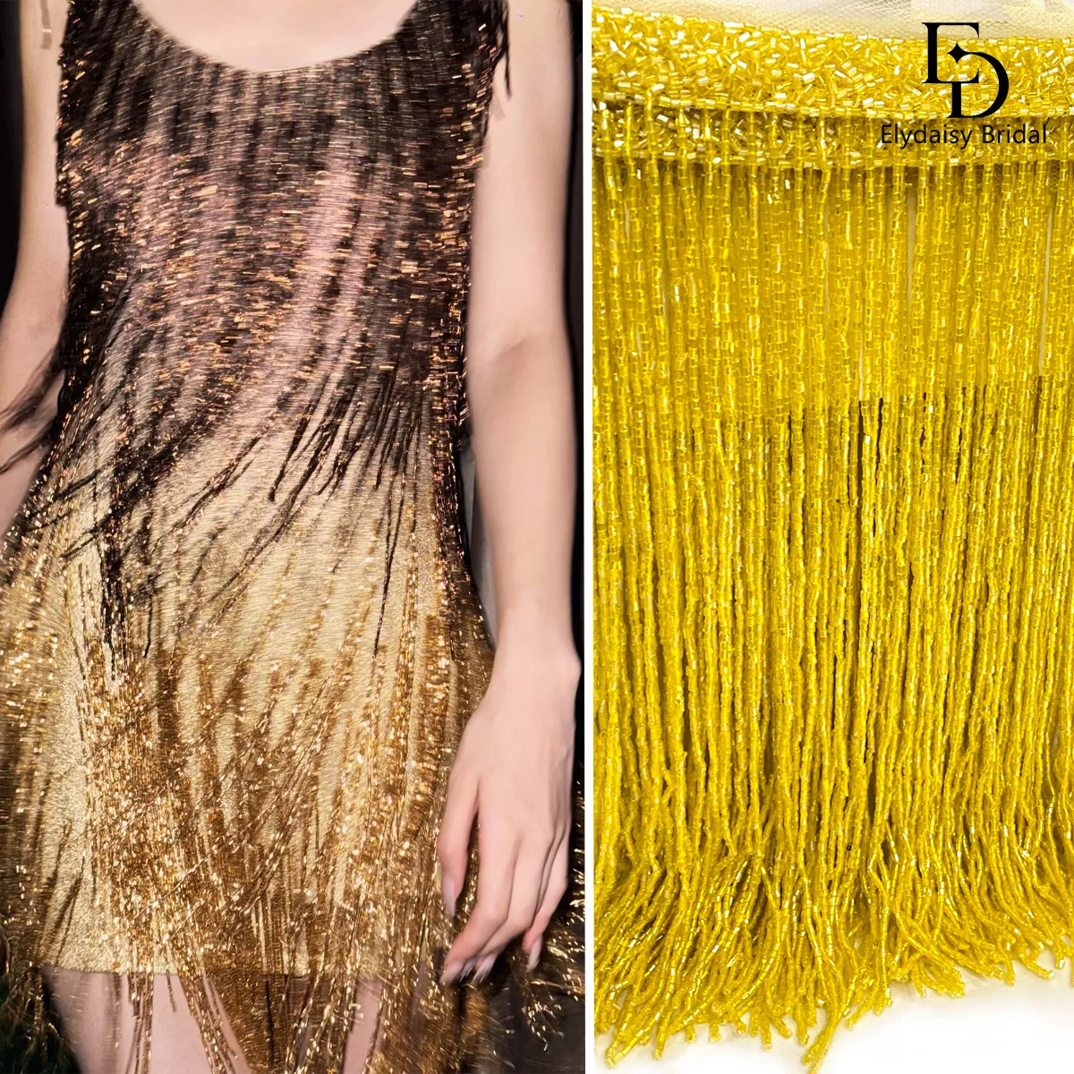 25cm Long Yellow Delicate Beads Tassel Fringe Curtain Decoration Bridal Wedding Sewn Clothes Accessories Lace Trim 2 Yards