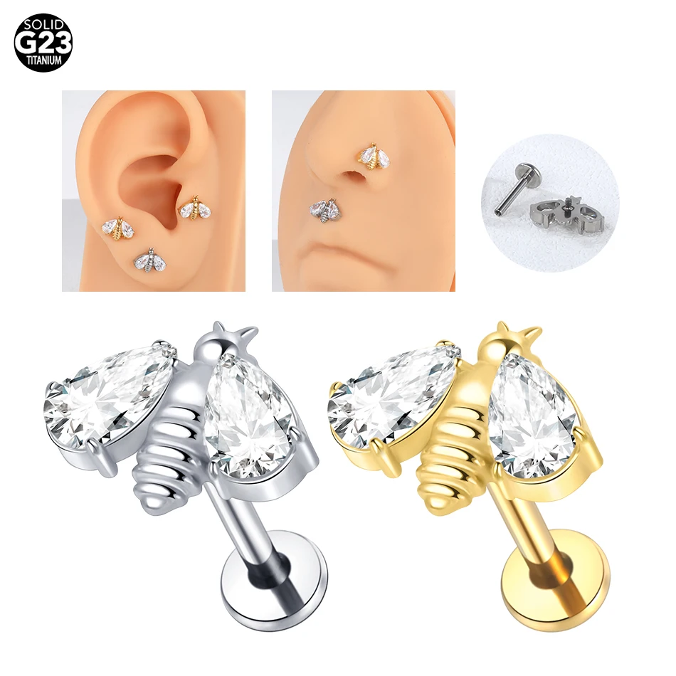 

1PC Titanium Zircon Flat Back Earring Bee Shape Ear Stud Lobe Helix Tragus Cartilage Piercing Internally Thread Lip Stud Jewelry