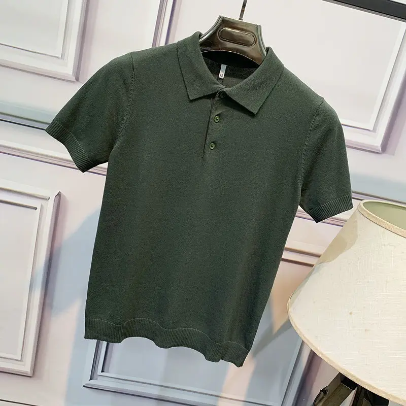 Clothes for men Summer Knitted Short-sleeved Polo Shirt Slim-fit Lel Korean Solid Color T-shirt Trendy Tops