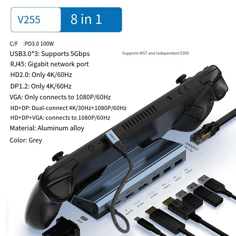 

YCE Docking Station Cradle For Steam Deck Dock 8 In 1 USB 3.0HDMI2.0 Compatible 4K@60Hz RJ45 Gigabit Ethernet PD100W Hub