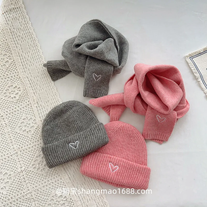 2PC Love Embroidered Children's Hat and Scarf 2-piece Set for Boys and Girls Autumn/Winter Solid Color Versatile Set for Baby Wa