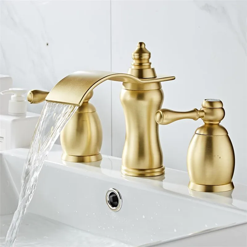 

Brushed Gold Bathroom Basin Faucet Hot Cold Rose Gold lWater Faucet Widespread Sink Mixers Tap Deck Mount Wash Tub Fauctes