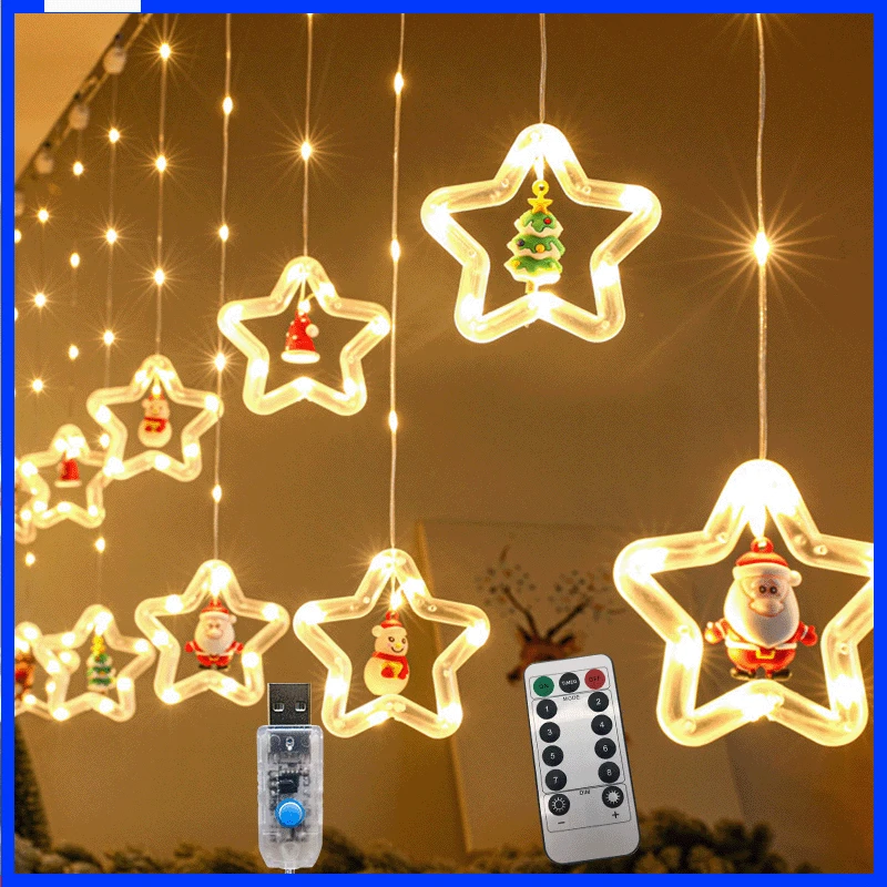 

Led Christmas Fairy lights Pentagram Curtain Ornaments Decoration Santa Stars Snowman Ice Strip Wedding New Year Decor Gift Lam