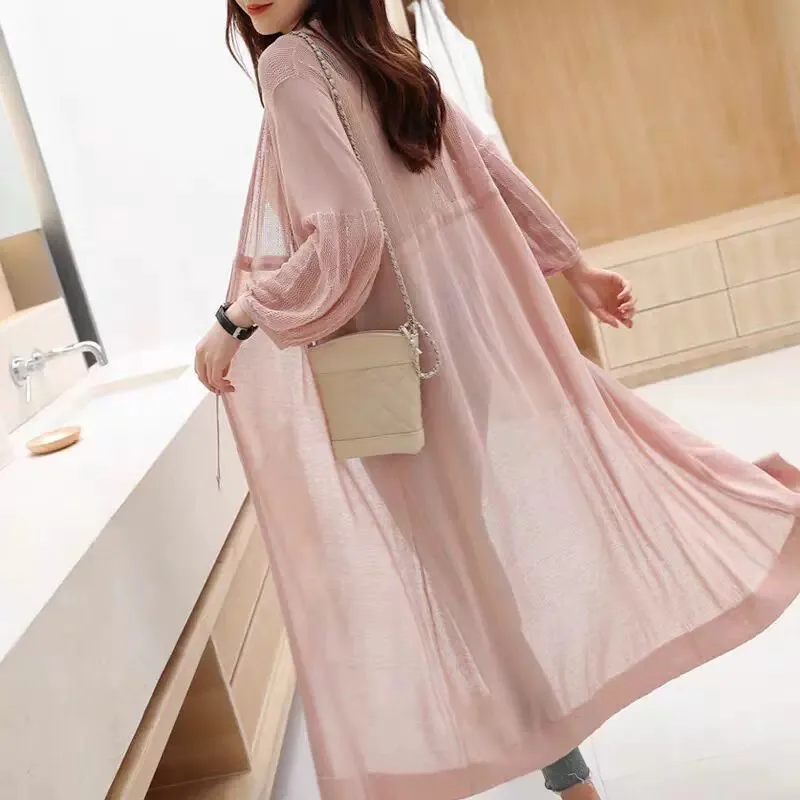 

2023 Summer Women Long Thin Cardigan Jacket Tie Bow Drawstring Ice Silk Knitted Cardigans Ladies Sunscreen Clothing Shawl shirt