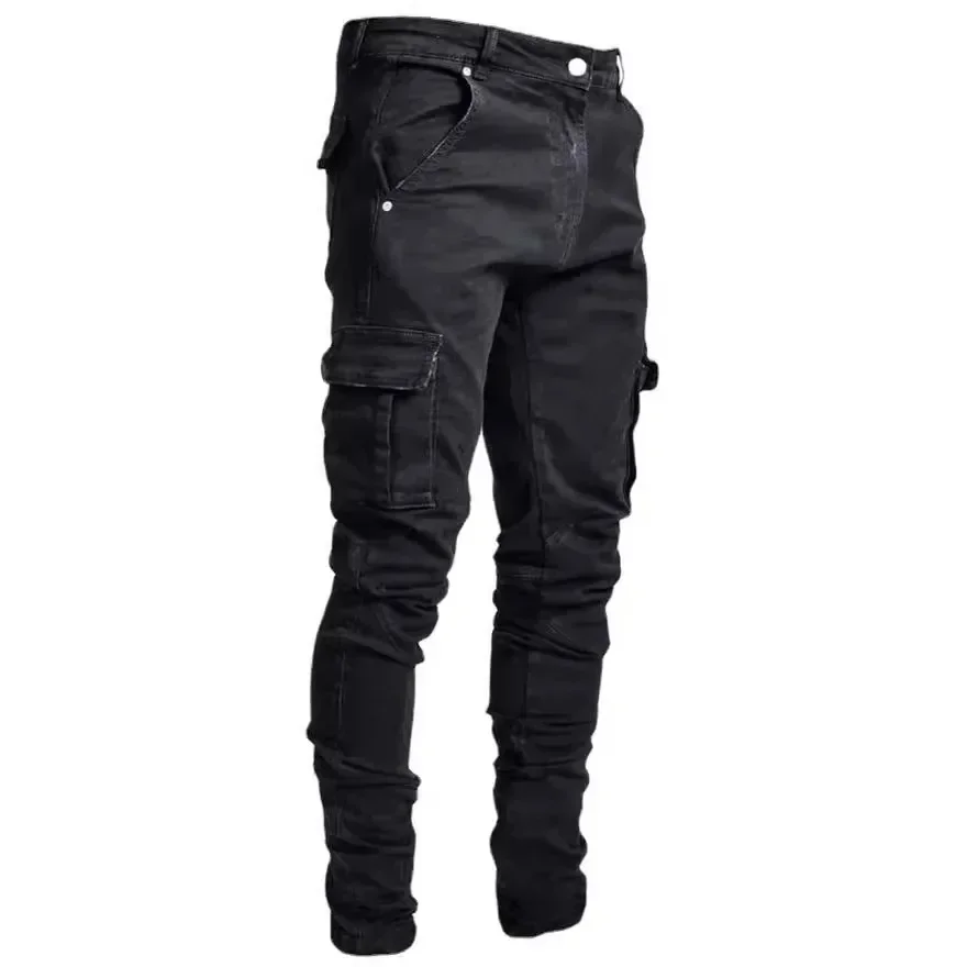 Solid Color Fashion Men Casual Pants Stretch Jeans Skinny Work Trousers Male Wash Slim Fit Zippered Jeans