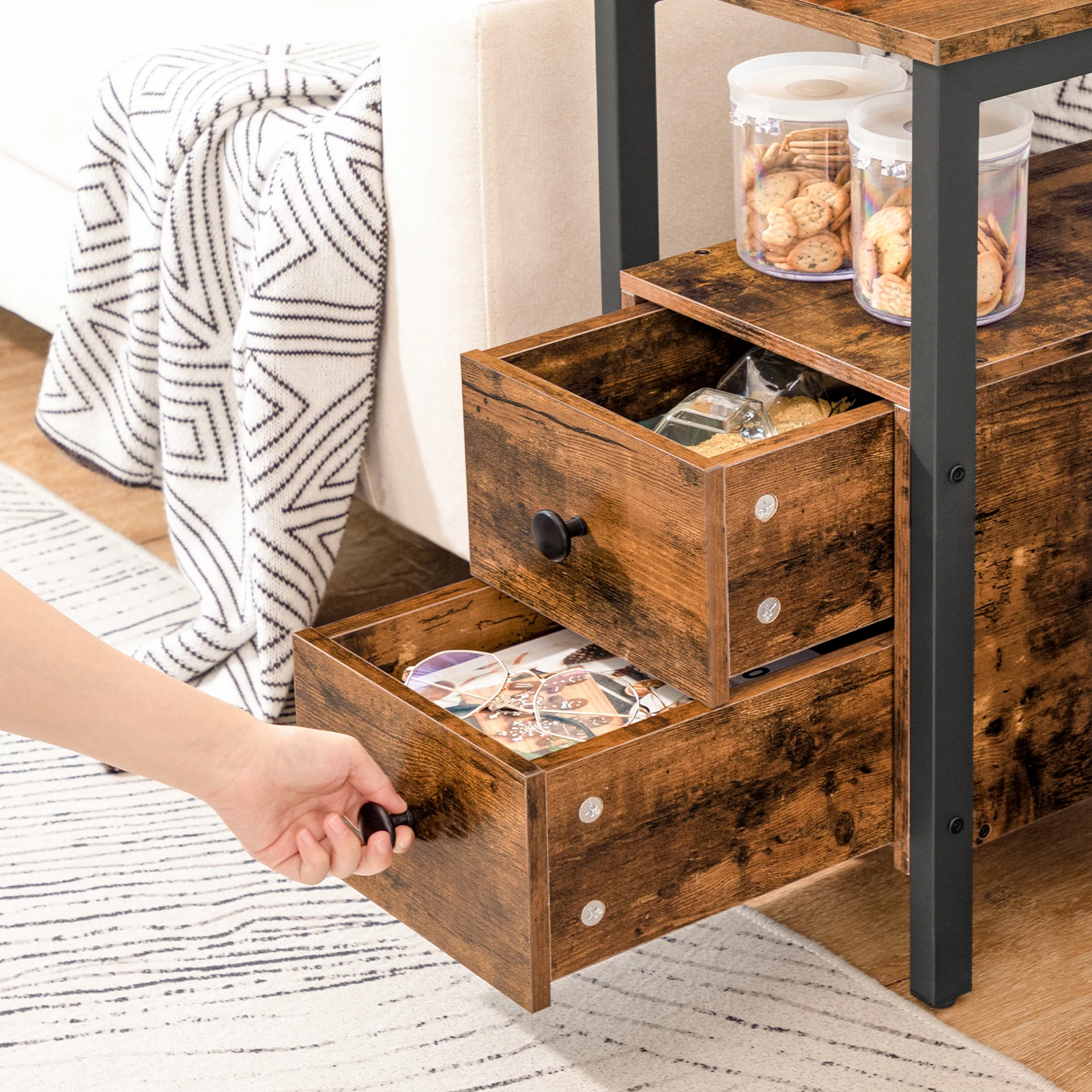 End Table, Narrow Chairside Table with Drawer and Open Storage Shelf, Nightstand for Small Spaces, Stable and Sturdy Constructio 6