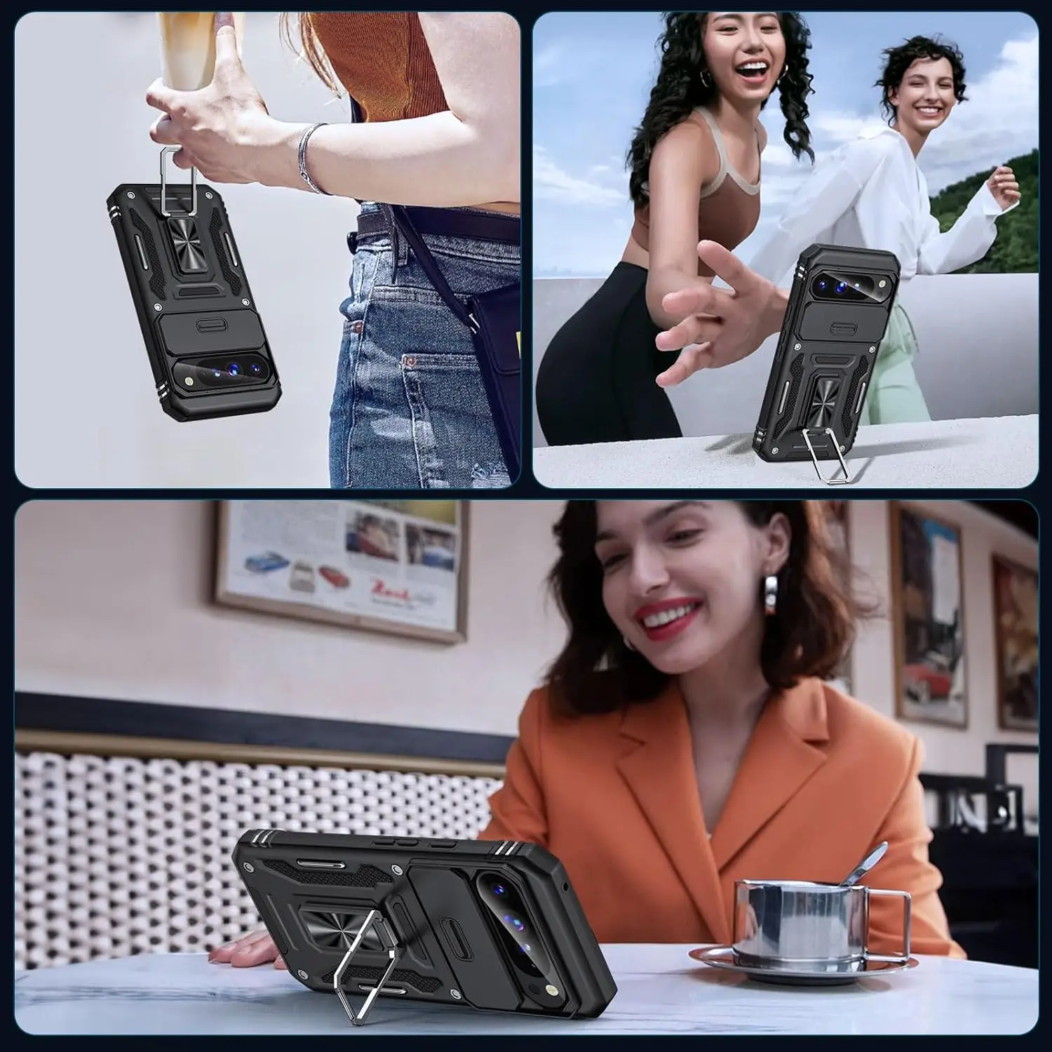 Rugged Shockproof Protective Case with Slide Lens Cover and Kickstand