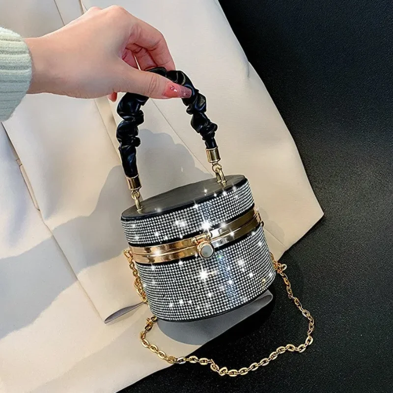 Round Box Handbags for Women Trend 2023 Fashion Evening Bag Leather Luxury High Quality Sparkle Diamond Party Shoulder Bag Woman