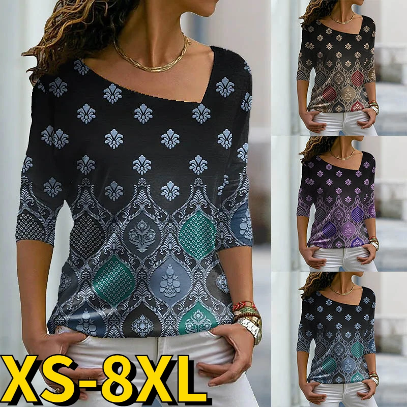 

2022 Women Retro V-Neck Geometry Print T-shirt Everyday Street Fashion Abstract Autumn Winter Elegant Pullover Tops Tee Shirt