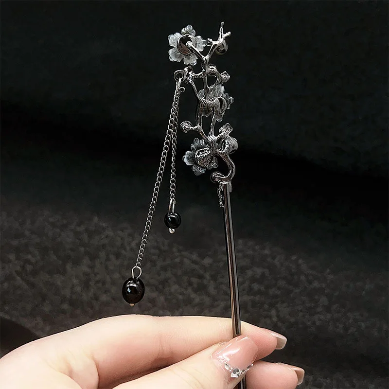 Chinese Style Ink Flower Tassel Hairpin Forks For Women Black Beads Vintage Metal Chopstick Hair Sticks Hanfu Hair Accessories