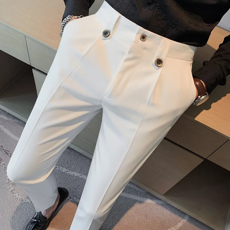 

British Style Autumn New Solid High Quality Dress Pant Men Slim Fit Casual Office Trousers Formal Social Wedding Party Suit Pant