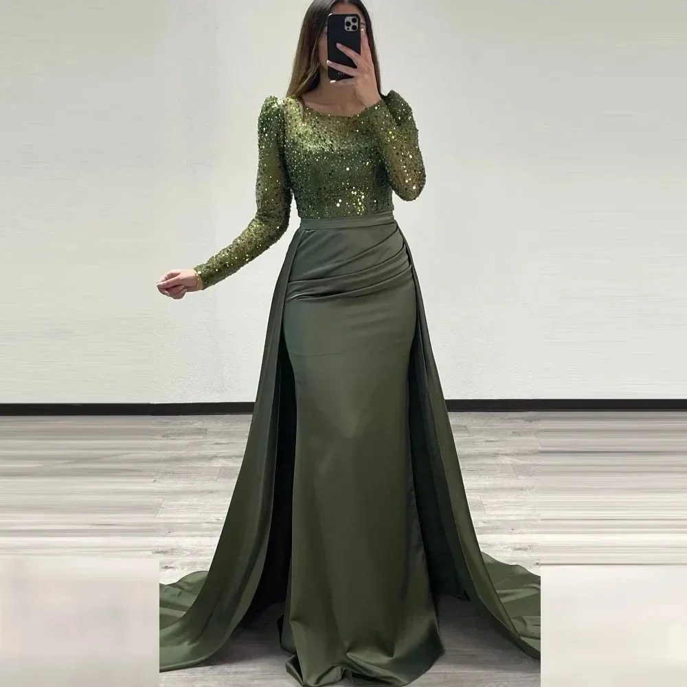 

Stylish and glamorous sparkling mermaid wrap hip crew neck evening dress with long sleeves elegantly pleated Ball party gown