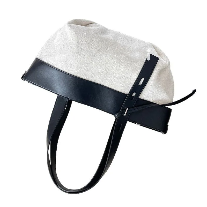 Summer Woven Top-Handle Bags Large Capacity Women Shoulder Bag Fashion Cotton and linen Bag PU Stitching Simple Vacation Handbag