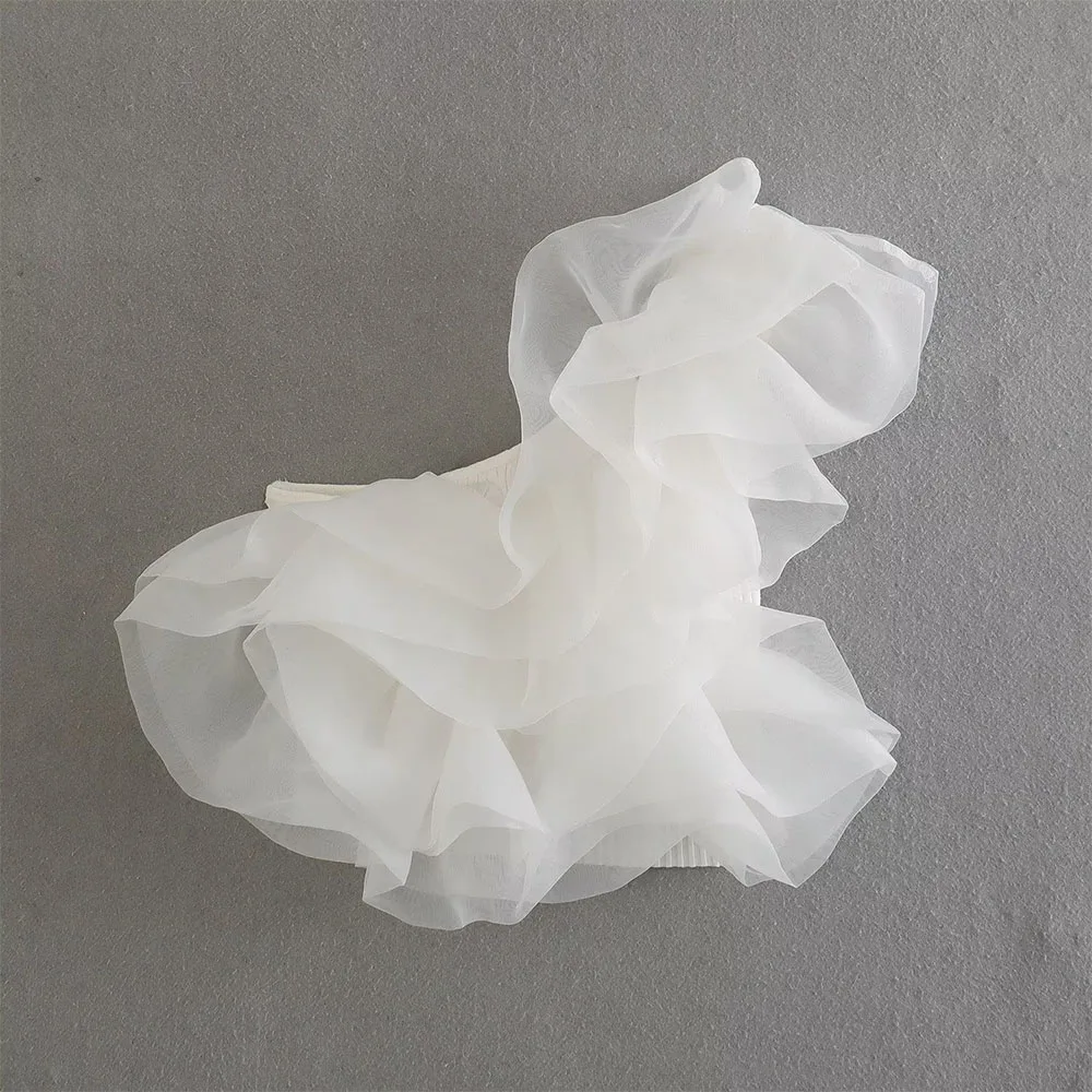 

Early autumn new fashion women's retro high street trend all-match asymmetrical neckline sleeveless organza trim knitted vest