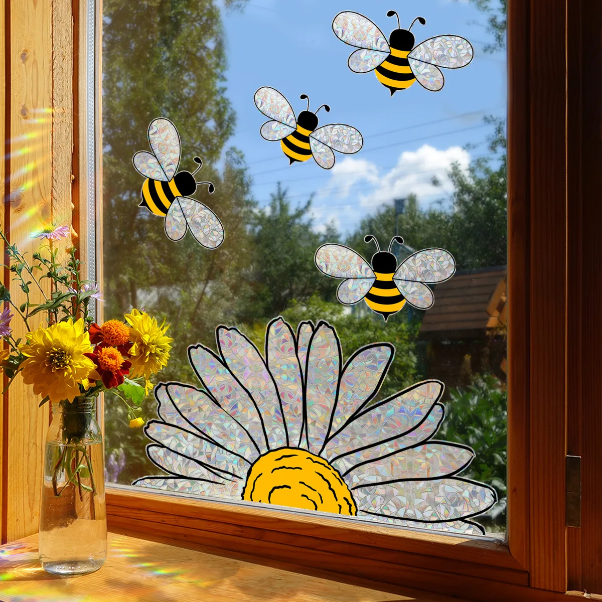 New Edition Sun and Bee Colorful Double-Sided Static Cling Window Film-Privacy and Anti-Peep Window Decals