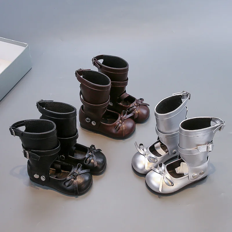 Girls Leather Autumn Boots Flat Shoes with Bowknot