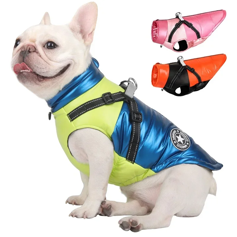 

Warm Winter Dog Clothes Waterproof Dogs Vest French Bulldog Jacket Reflective Pet Clothing with Harness for Small Medium Dogs