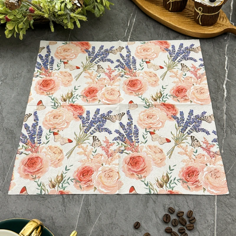 Restaurant Upscale Colourful Printed Paper Napkin Napkin Household Dining Table Mouth Cloth 33cm Pink Floral Facial Tissue Paper paper napkins