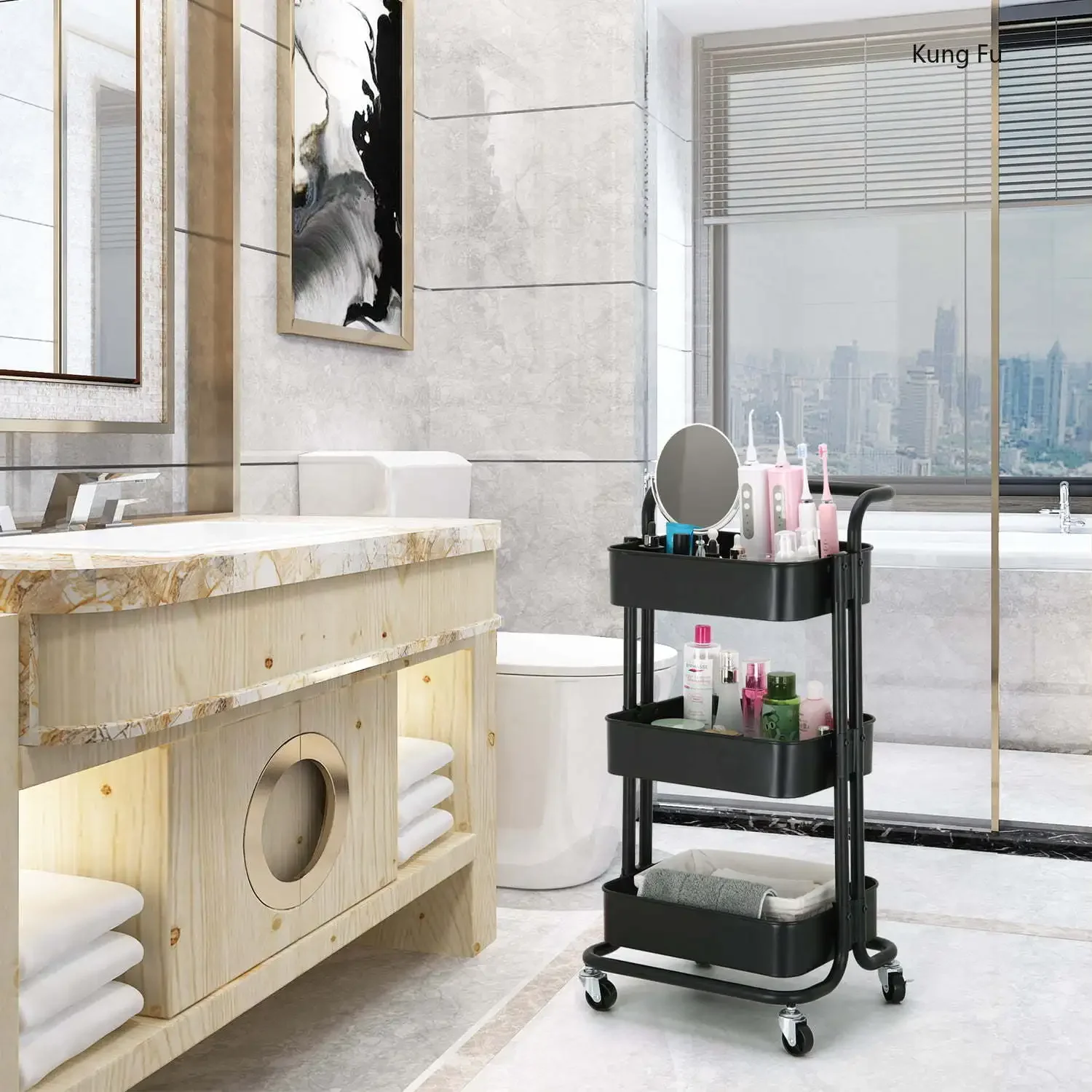 3-Tier Metal Rolling Utility Cart Multi-Function Organizer Shelf Kitchen Organizer Rack Snack Trolley