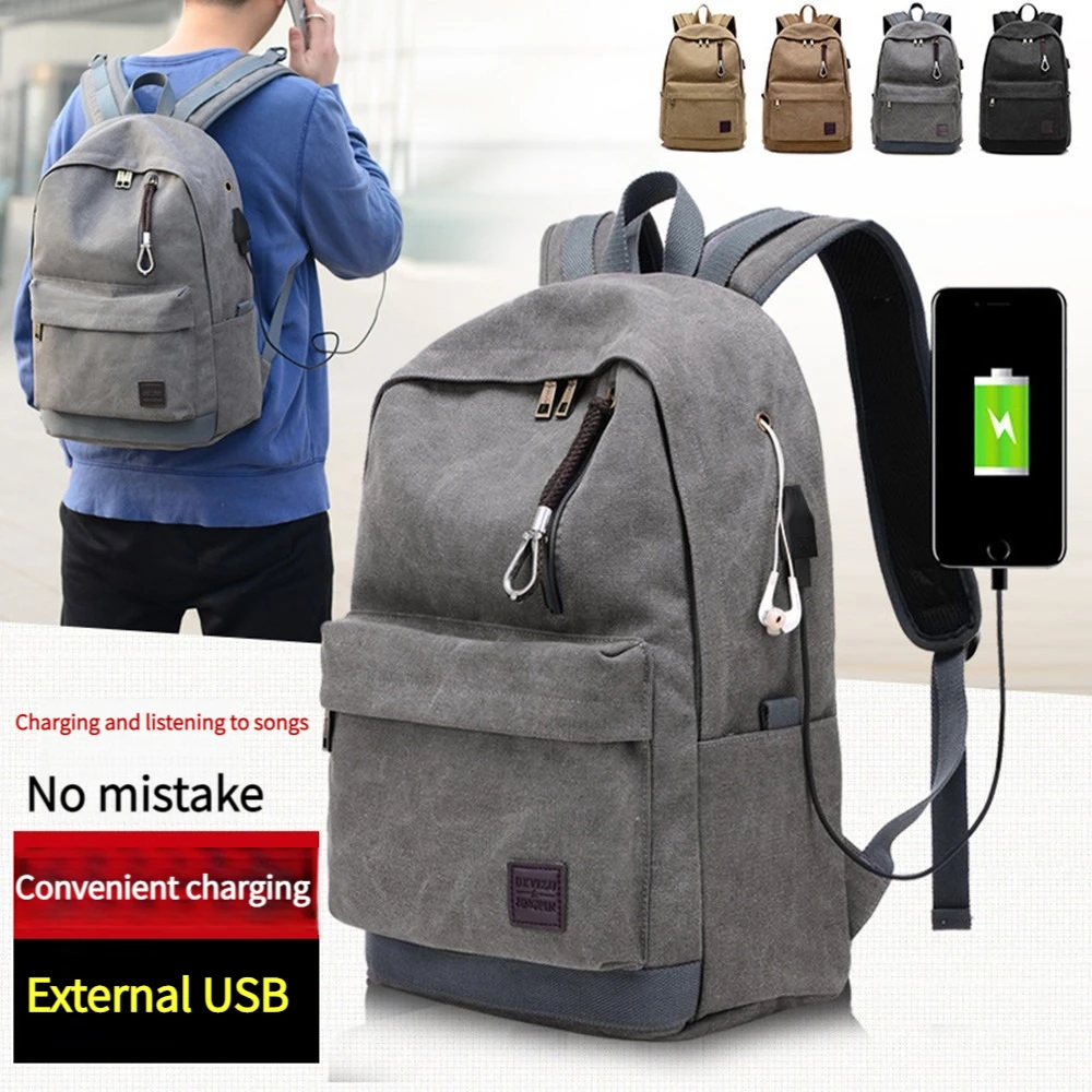 

Холщовый дорожный рюкзак для мужчин, мужская сумка на плечо с USB-разъемом для подзарядки, с отверстием для наушников, подходит для учеников младшей и старшей школы