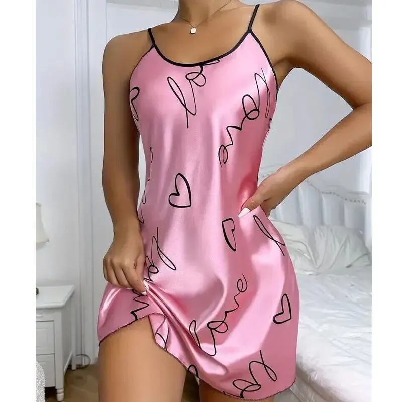women nightgowns Summer Sexy Pajamas Sling Open Back Criss Cross Heart Print Sleeveless Sleep Dress